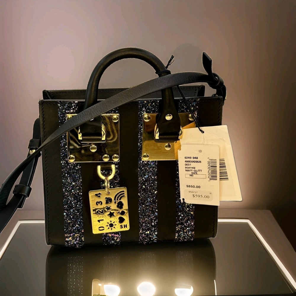 Luxury Sophie Hulme Box Albion Saddle Bag in Glitter Navy Blue Glitter colorway